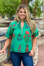 Thalia Puff Sleeve Flower Top : Green