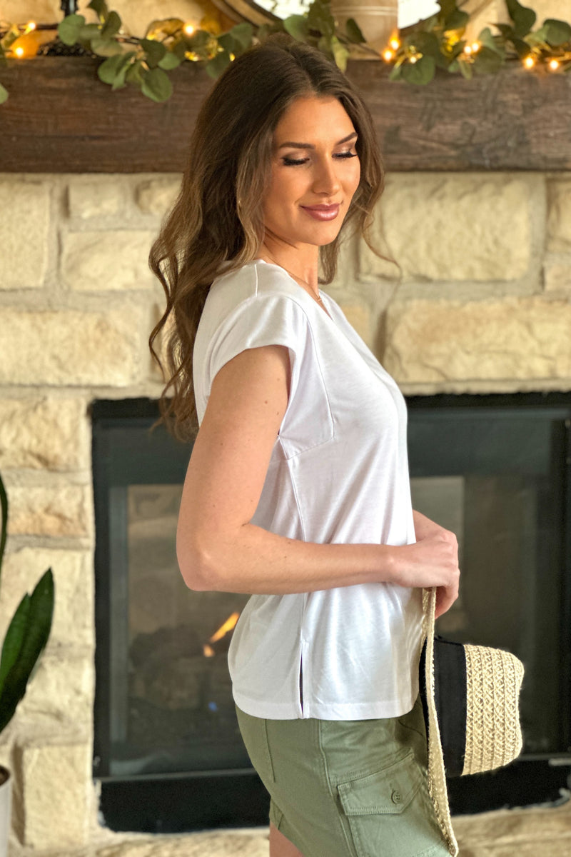 Tribal Havanna Cap Sleeve V neck top : White
