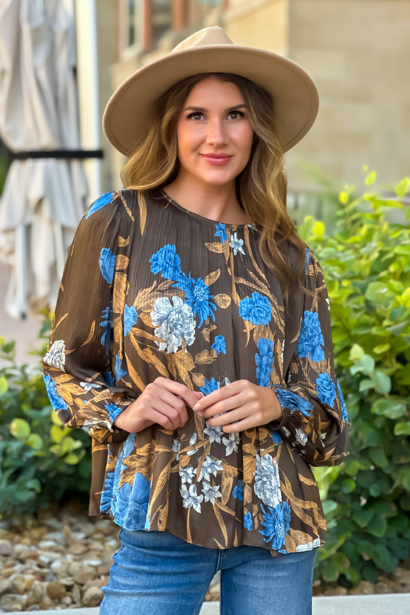 Radina Pleated Blouse : Brown Floral