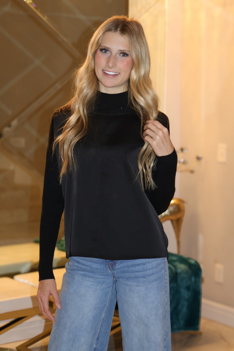 Charlie B Devyn Mock Neck Satin Knit Top : Black