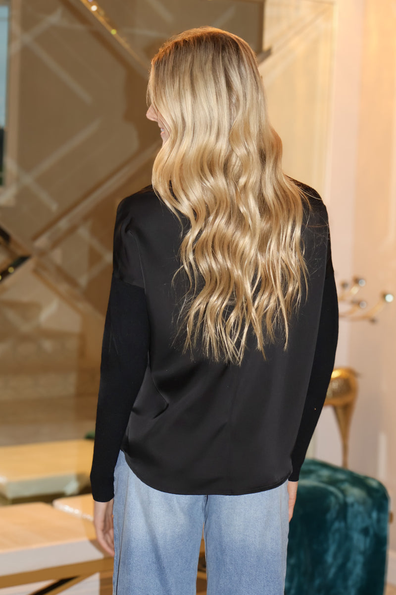 Charlie B Devyn Mock Neck Satin Knit Top : Black