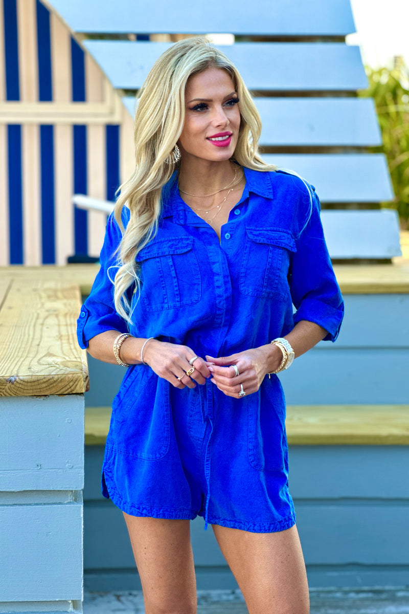 Velvet Heart Edita Roll Tab Sleeve Romper : Marine Blue