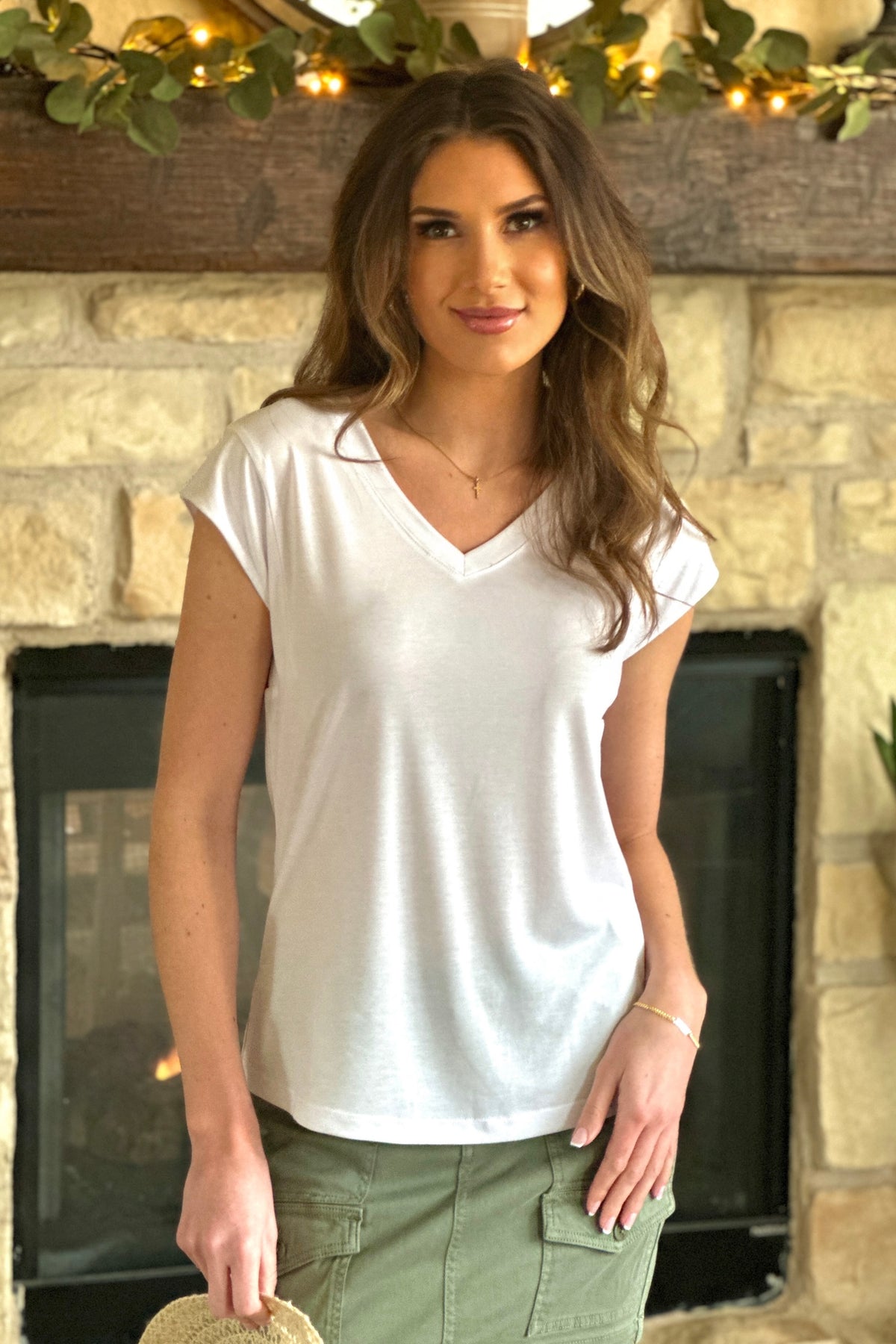 Tribal Havanna Cap Sleeve V neck top : White