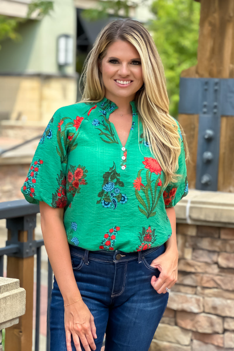 Thalia Puff Sleeve Flower Top : Green