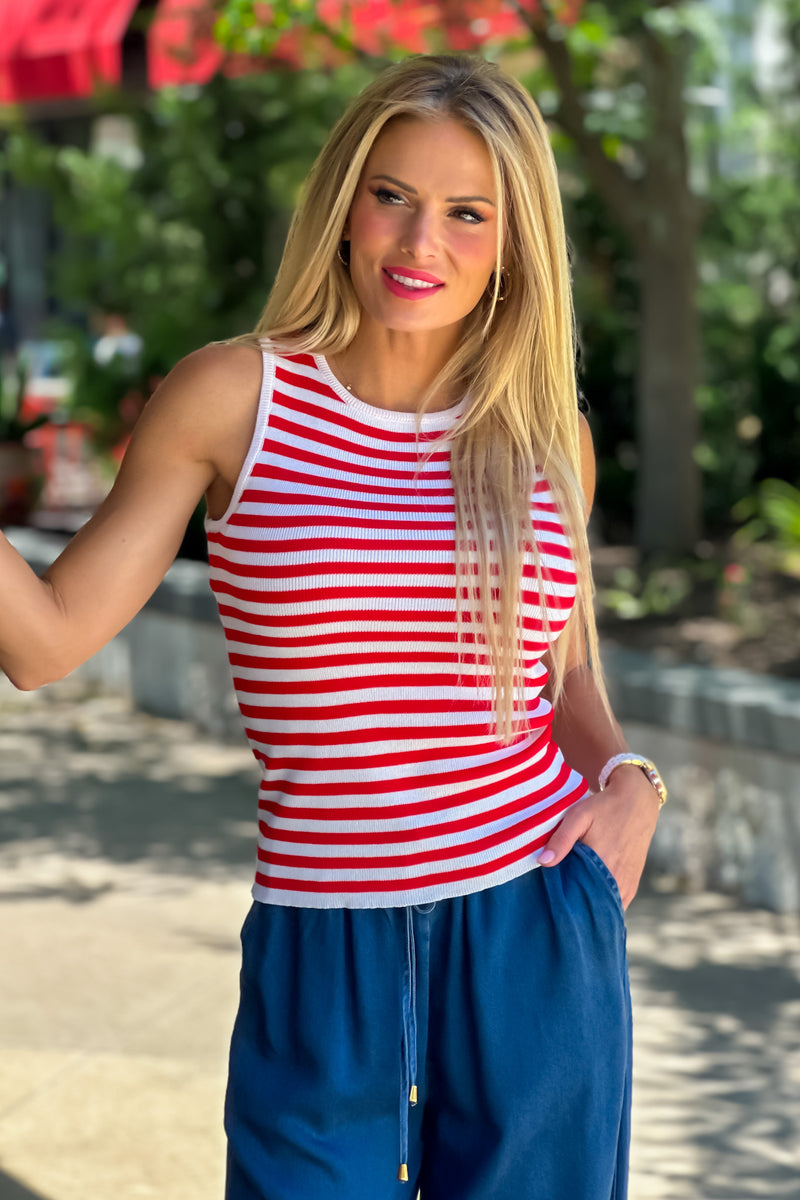 Lake Stripes Sweater Tank : White/Red