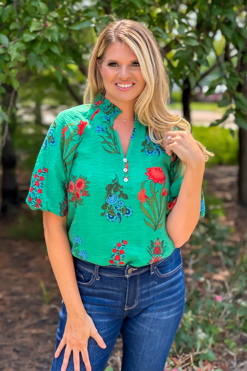 Thalia Puff Sleeve Flower Top : Green