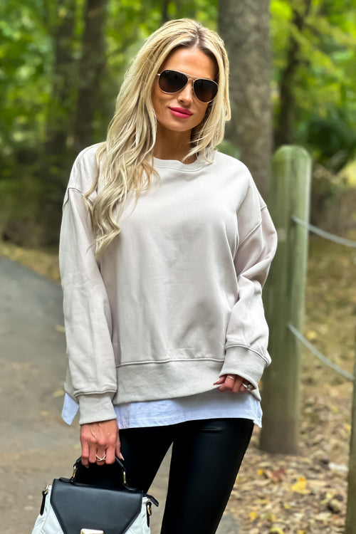 Nora Sweatshirt With Faux Shirt Underlay : Stone/White