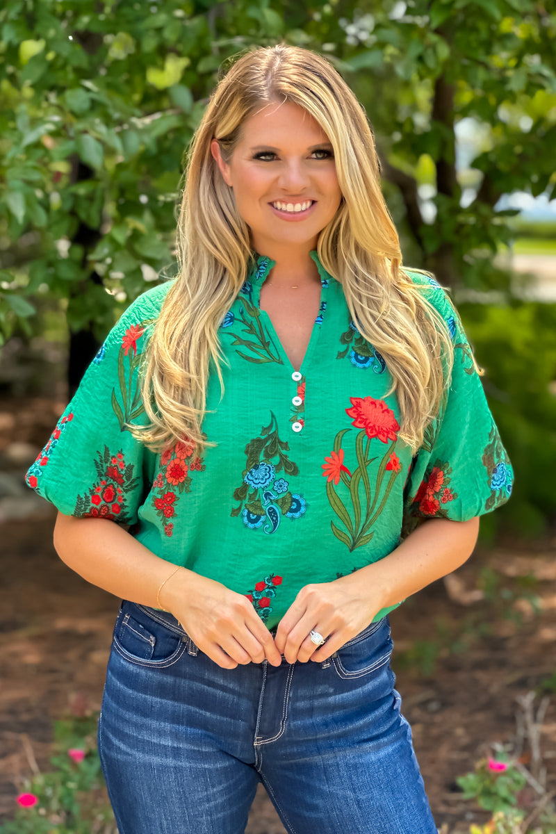 Thalia Puff Sleeve Flower Top : Green