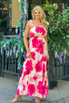 Festive Floral Smocked Tiered Maxi Dress : Pink/White