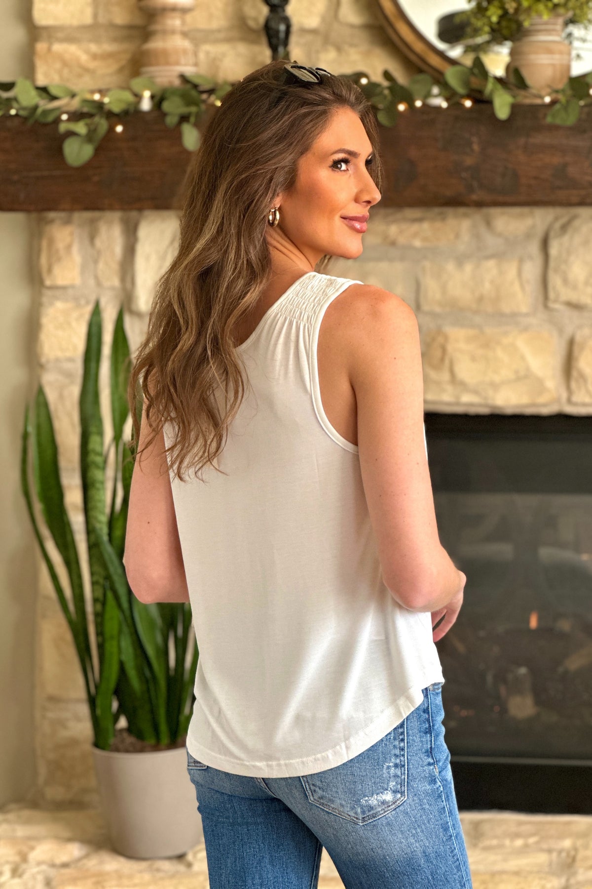 Briar Curpo Modal Smocked Shoulder Tank : Off White