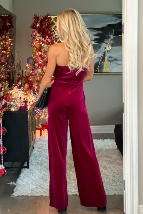 Deck the Hall Velvet Jumpsuit : Sangria