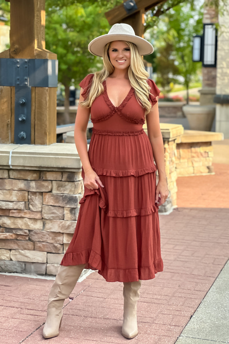 Nadia Tiered Vneck Dress : Red Brown