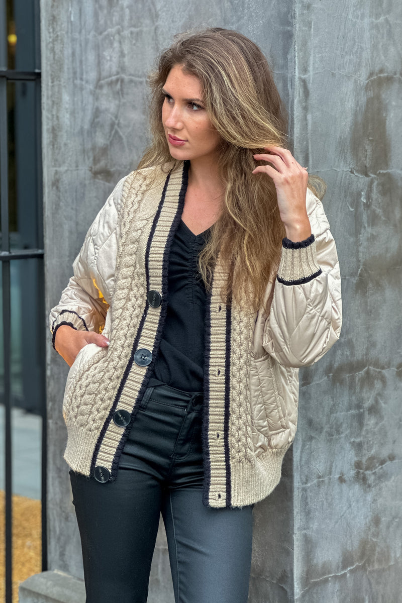 Tribal Adira Quilted Cardigan Sweater Detail : Beige