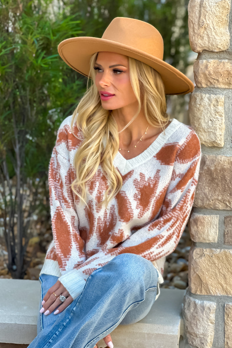 Tribal Taya V neck Jacquard Sweater : Dk. Desert