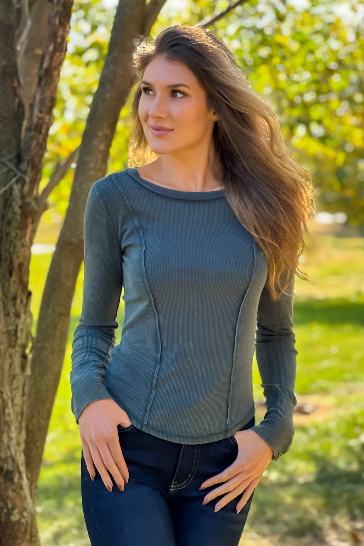 Elodie Boat Neck Washed Rib Top : Pine