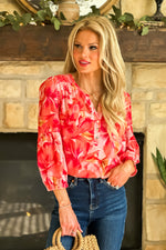 Tribal Aleana 3/4 Sleeve Blouse with Smock : Coral Sky