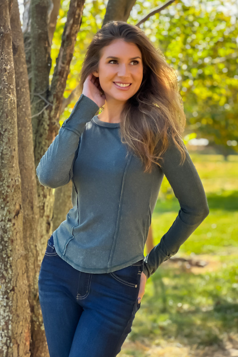 Elodie Boat Neck Washed Rib Top : Pine