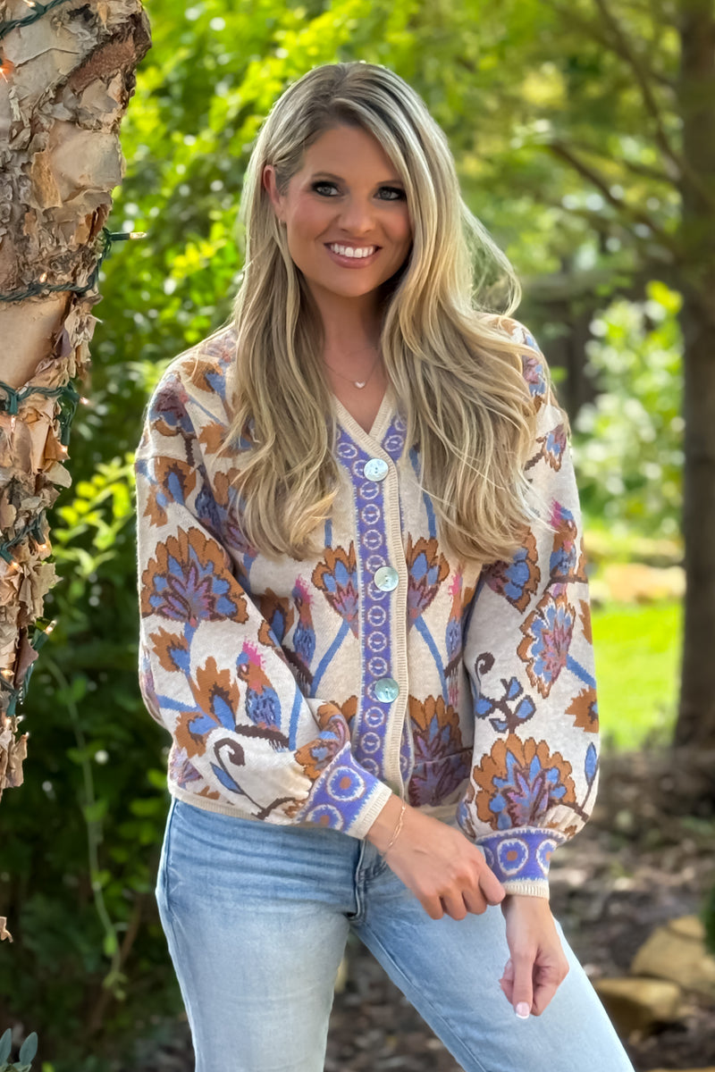Kloe Floral Pattern Jacquard Cardigan Sweater : Taupe