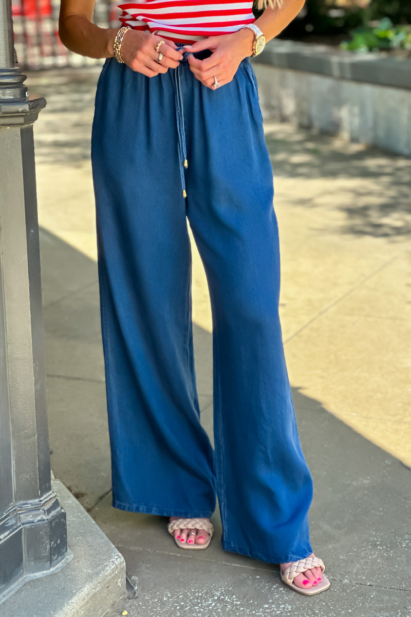 Out and About Chambray Wide Leg Pant : Dark Wash