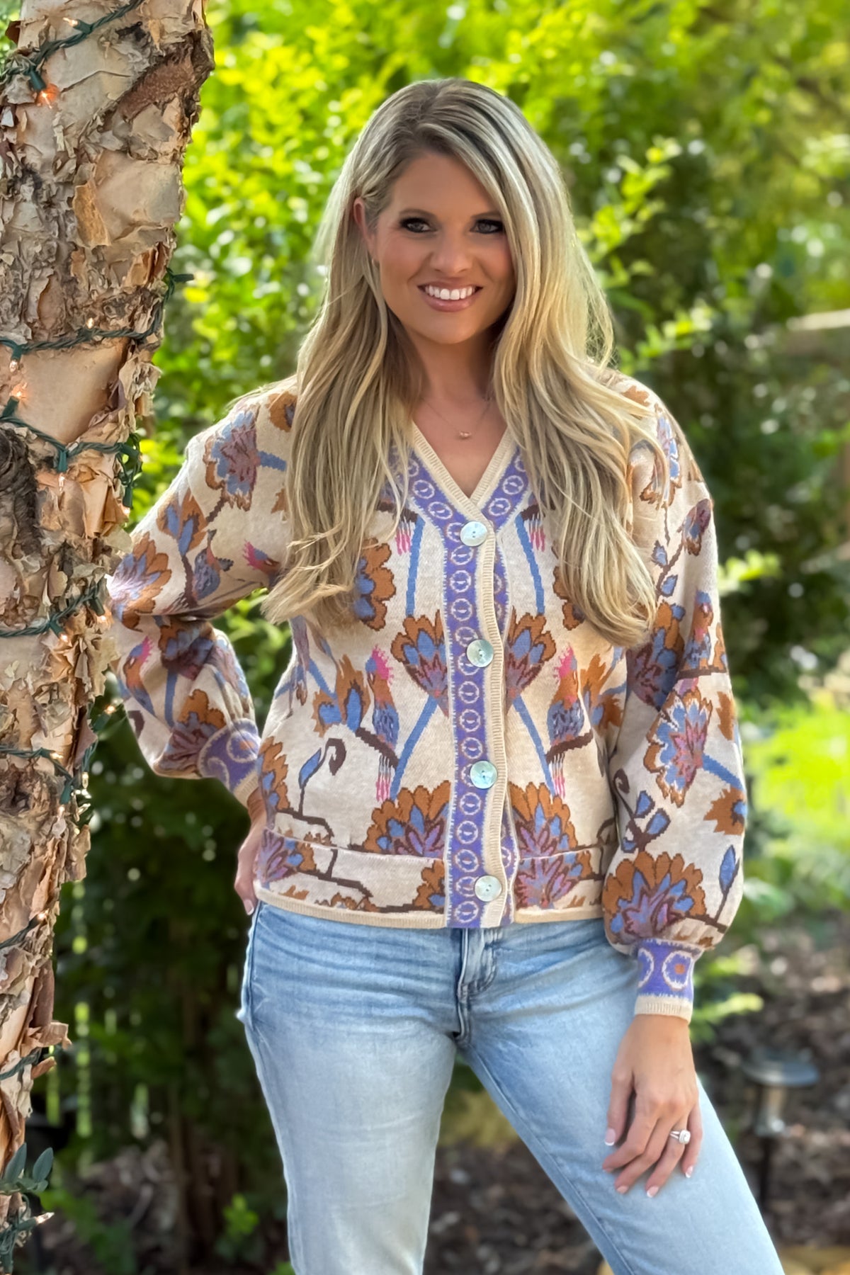 Kloe Floral Pattern Jacquard Cardigan Sweater : Taupe