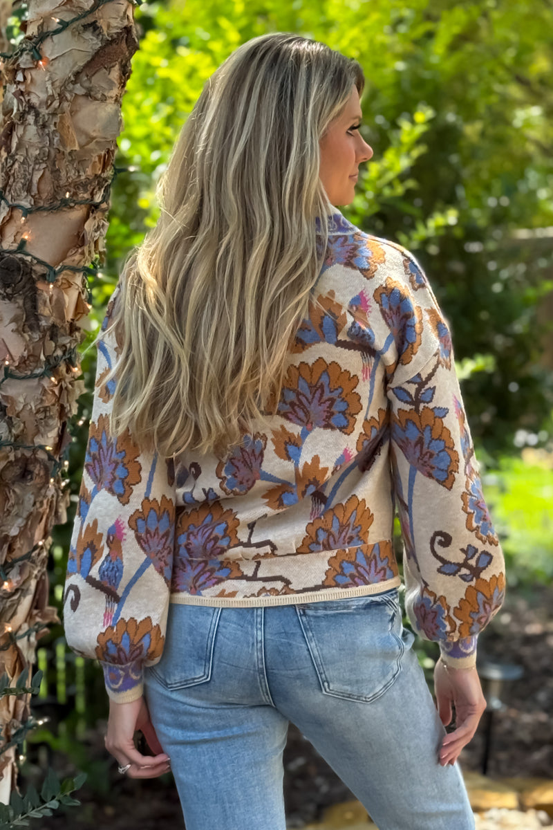 Kloe Floral Pattern Jacquard Cardigan Sweater : Taupe