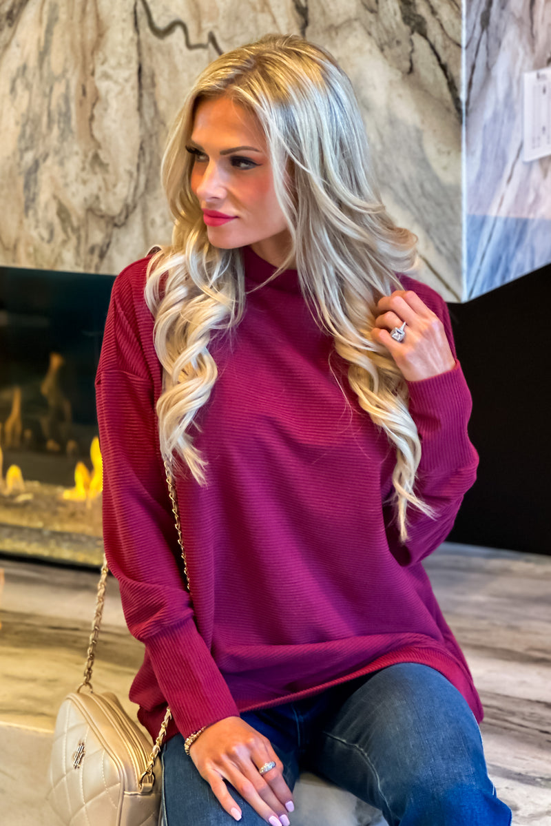 Tribal Annelle Funnel Neck Tunic : Wine