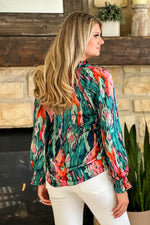 Watercolor Balloon Sleeve Blouse : Green/Pink