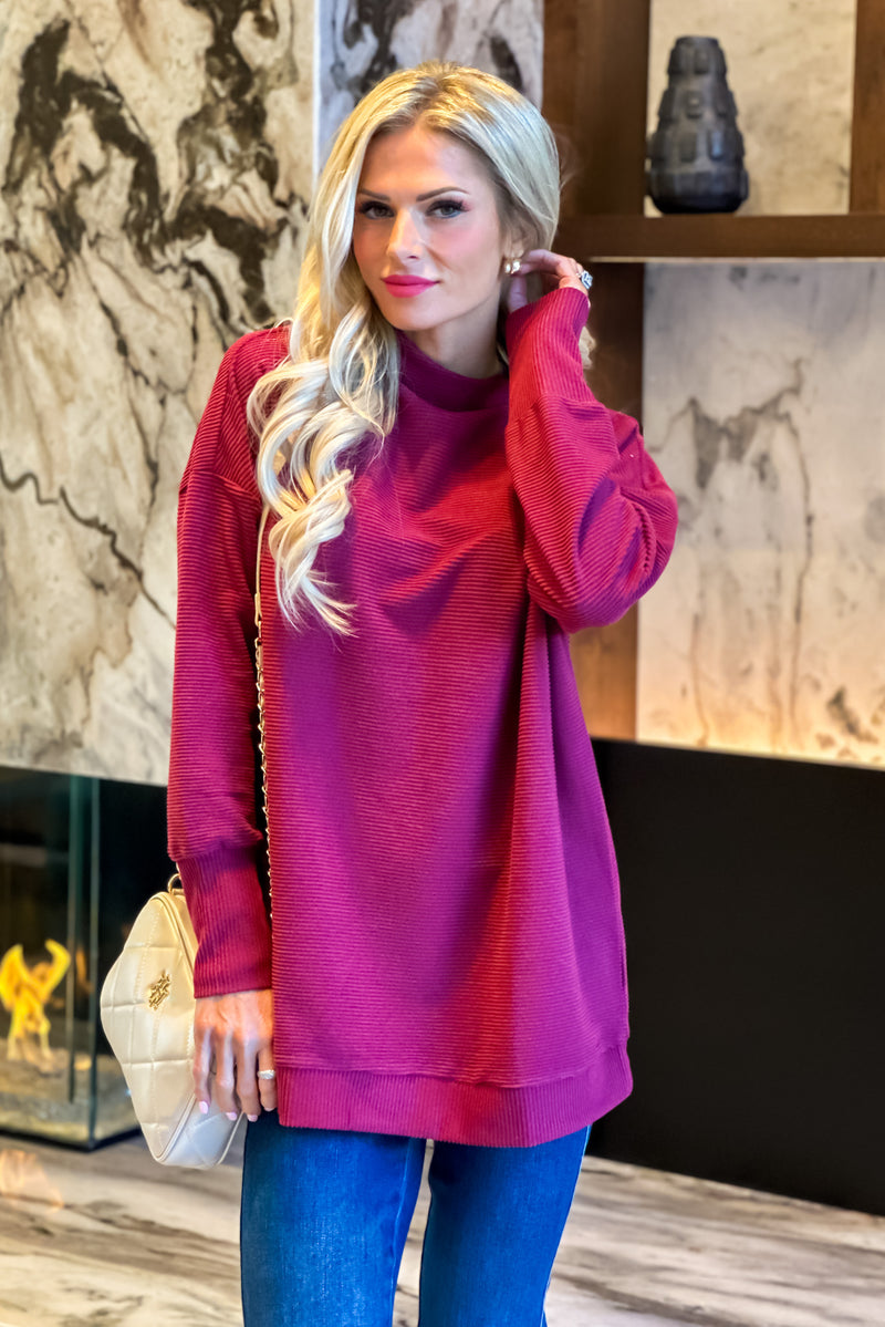 Tribal Annelle Funnel Neck Tunic : Wine