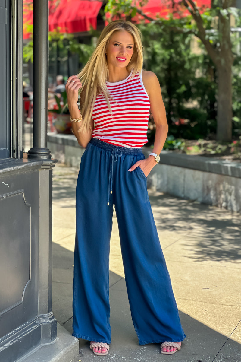 Out and About Chambray Wide Leg Pant : Dark Wash