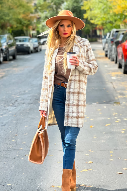 Simple Style Plaid Button Coat : Ivory/Mocha