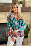 Watercolor Balloon Sleeve Blouse : Green/Pink