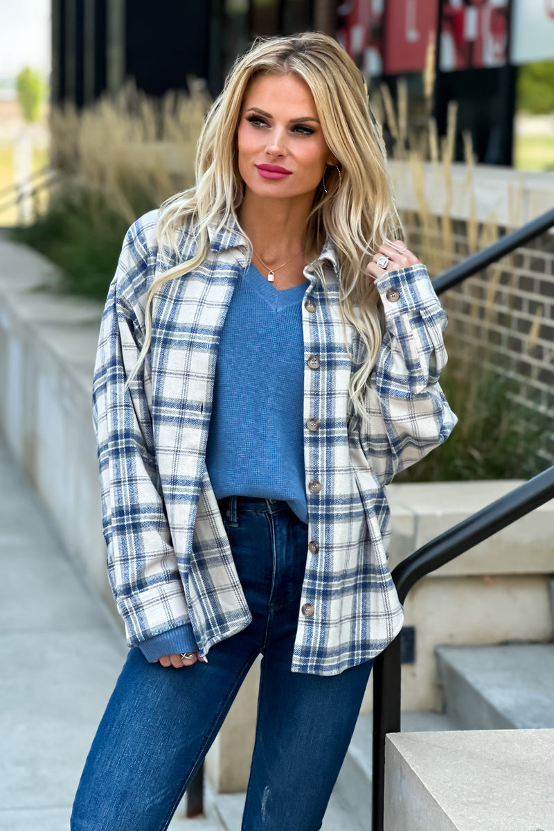 Mountain Hikes Plaid Shacket : Natural/Blue