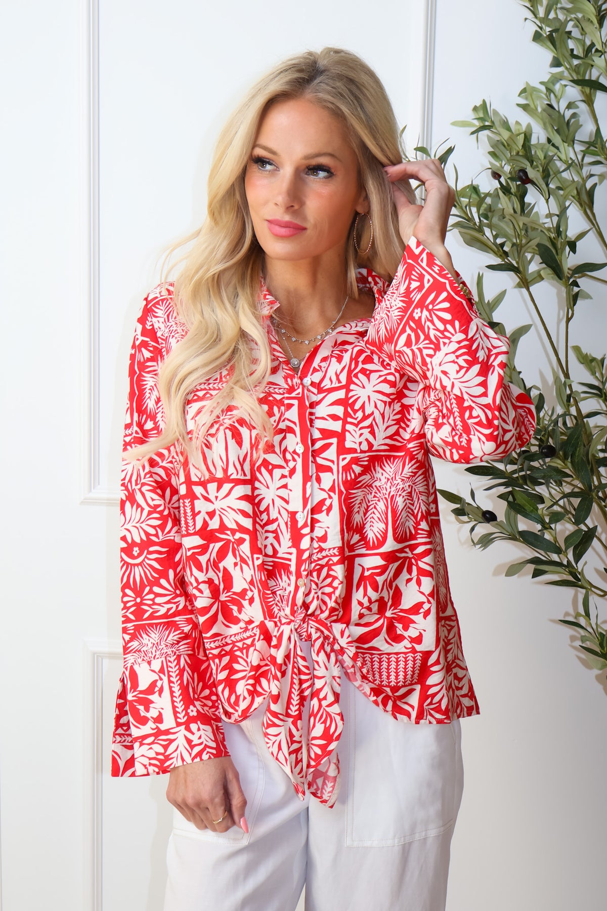 Tribal Angelina Long Sleeve Tie Front Blouse : Sangria