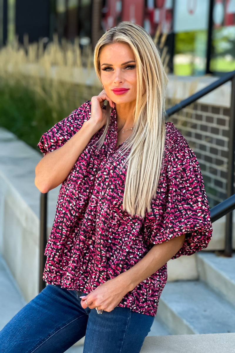 Beyond Beautiful Smocked Bubble Sleeve Top : Berry/Black