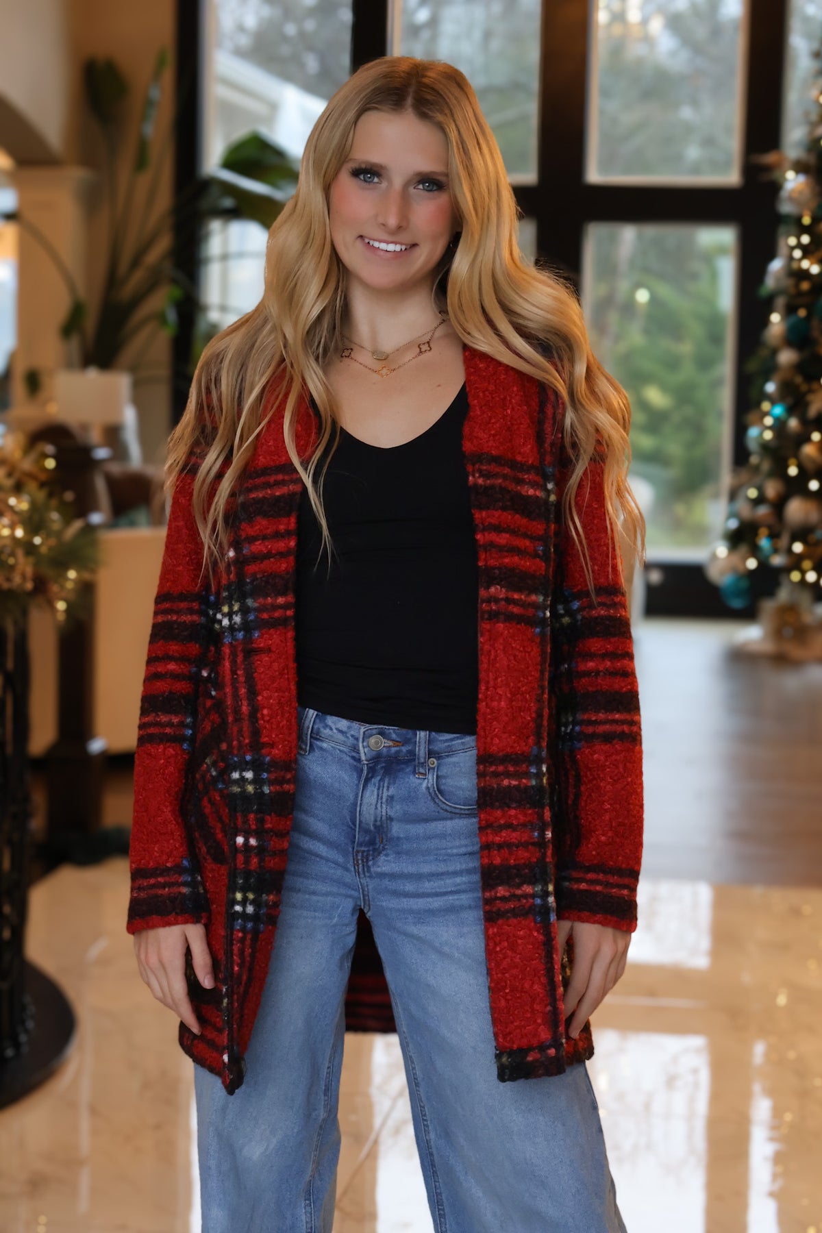 Charlie B Banyan Plaid Boucle Coat : Cranberry