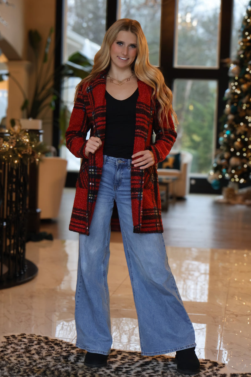 Charlie B Banyan Plaid Boucle Coat : Cranberry