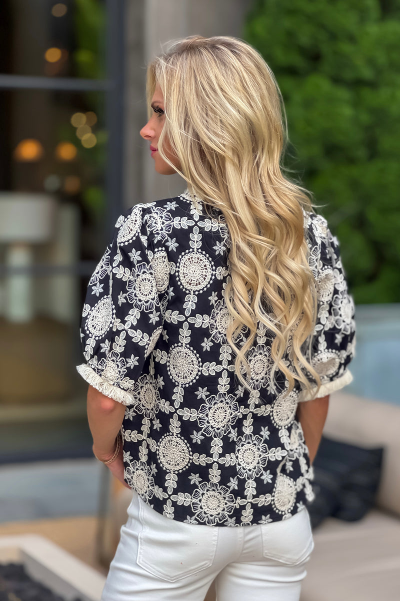 Timea Embroidered Cotton Fringe Top : Black