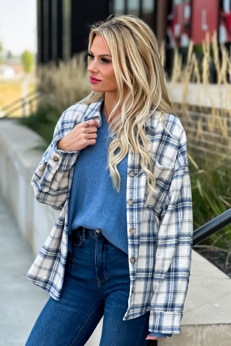 Mountain Hikes Plaid Shacket : Natural/Blue