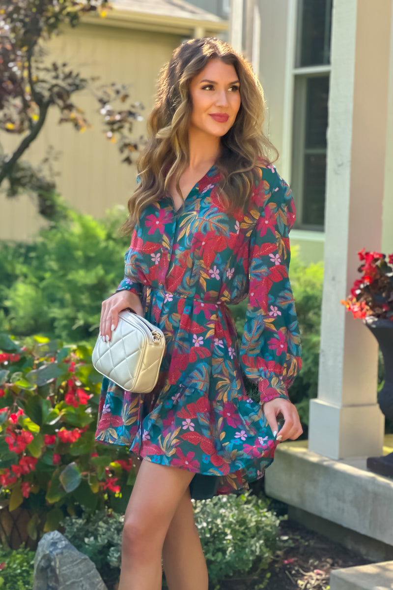 Brandi Printed Button Up Dress : Green