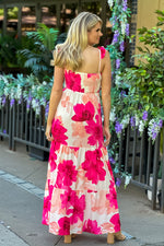Festive Floral Smocked Tiered Maxi Dress : Pink/White
