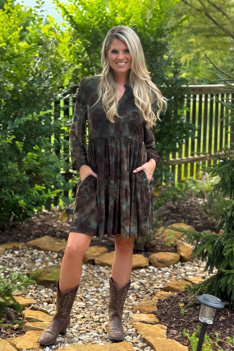 Knoxlee V neck Printed Dress : Olive