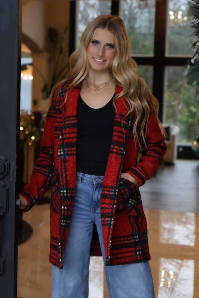 Charlie B Banyan Plaid Boucle Coat : Cranberry