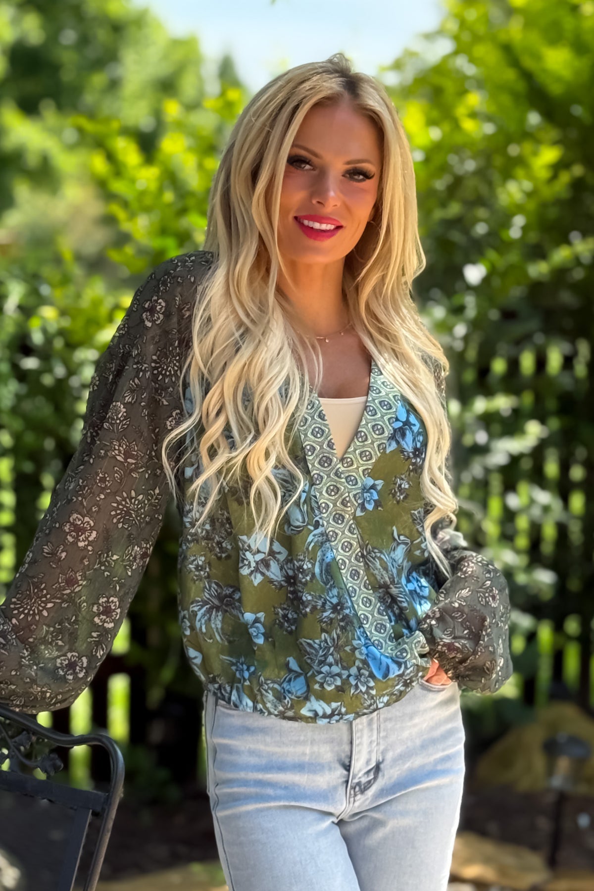 Kendall Mixed Print Blouse : Green Mix