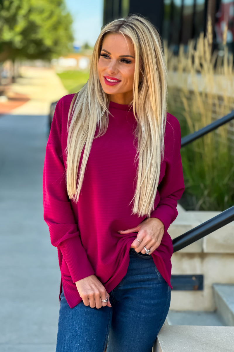 Tribal Funnel Neck Ribbed Knit Tunic : Plum