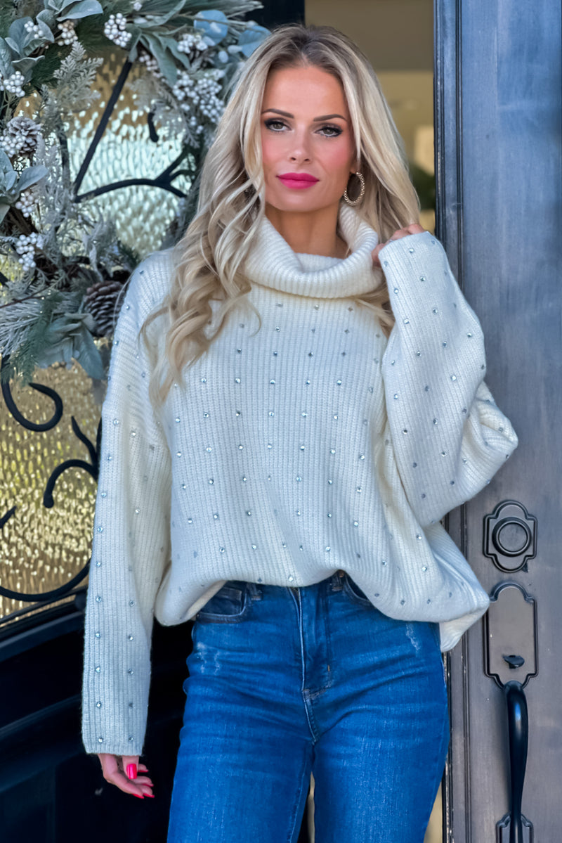 Dolly Rhinestone Embellished Turtleneck Sweater : Cream