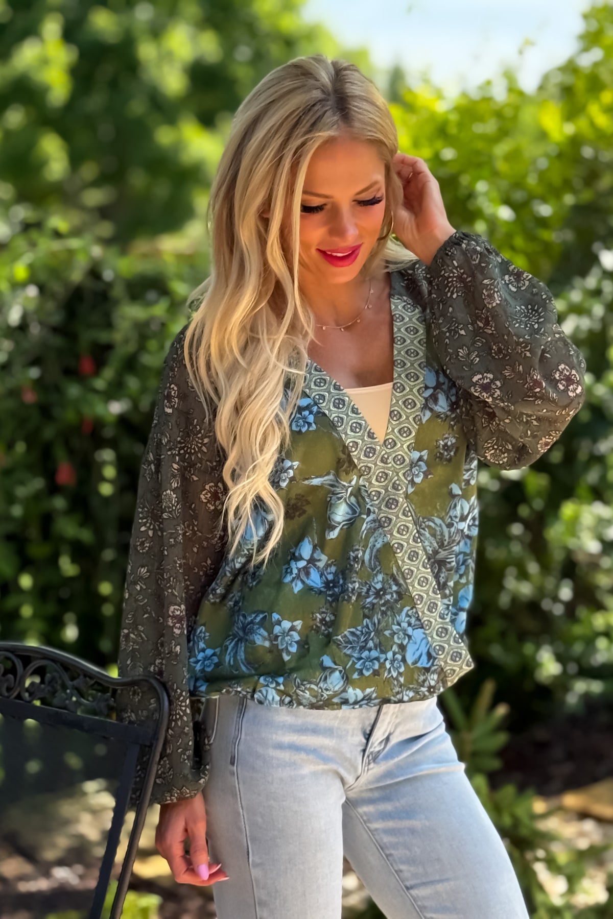Kendall Mixed Print Blouse : Green Mix