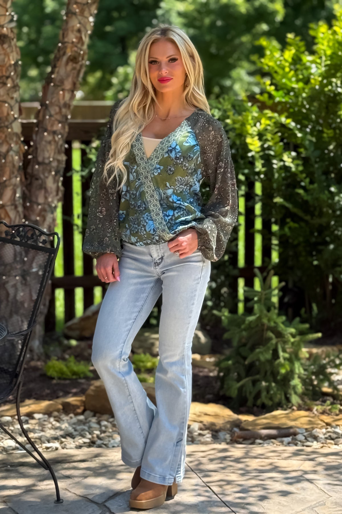 Kendall Mixed Print Blouse : Green Mix