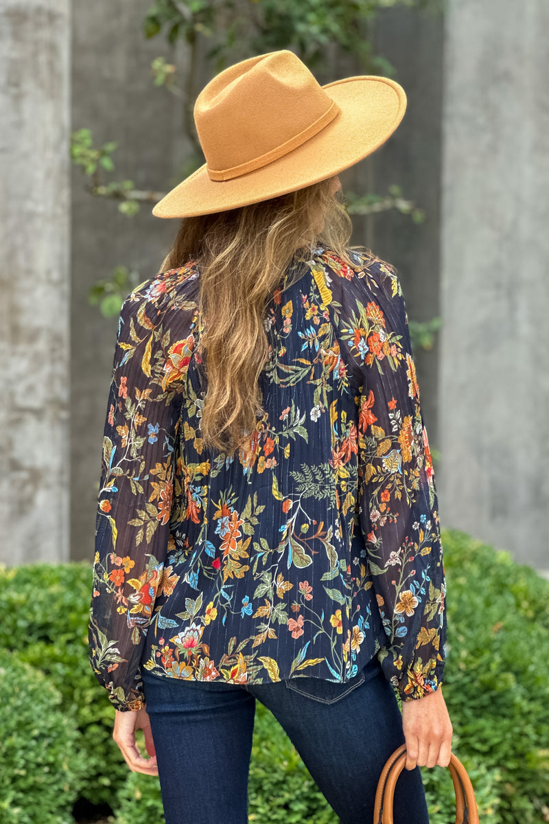 Pennie Split Neck Pleated Blouse : Navy