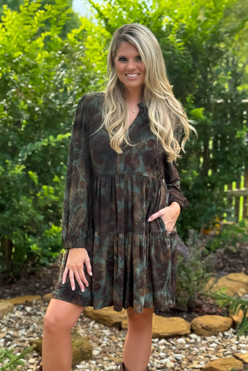 Knoxlee V neck Printed Dress : Olive