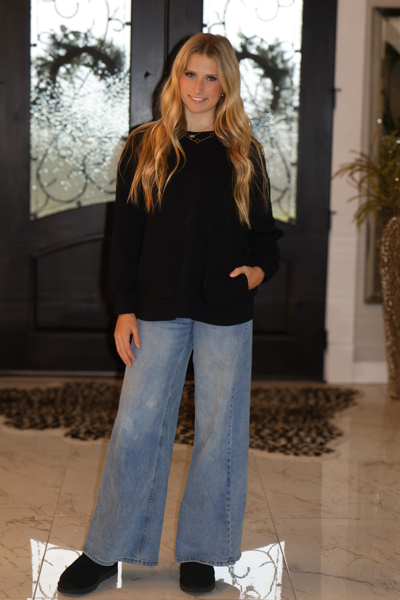 Atlas Long Sleeve Front Pockets Pullover : Black